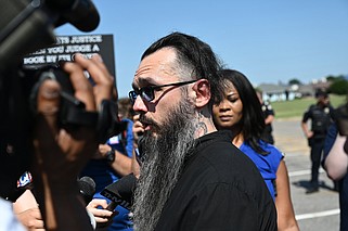 Damien Echols talks with reporters June 23 outside the West Memphis District Courthouse following a hearing on whether to retest evidence from the 1993 trial for new DNA.
(File Photo/Arkansas Democrat-Gazette/Stephen Swofford)